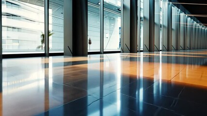 Poster - Sunlit Symmetry: A modern architectural marvel where natural light dances across a gleaming floor, casting long shadows and highlighting the clean lines and minimalist design.