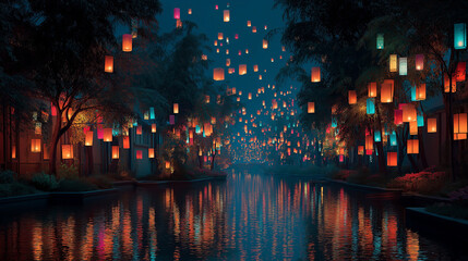 Fototapete - A vibrant festival scene with colorful lanterns floating into the night