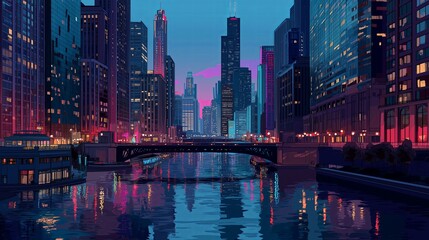Poster - A vibrant city skyline at dusk, with neon lights reflecting on a glass river