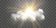 © Leonid - Vector realistic sunny-cloudy sky. Sunlight and cloud texture, nature sky. Vector weather element on png background. Glow light effect with cloud, smoke, fog. Isolated on transparent background.