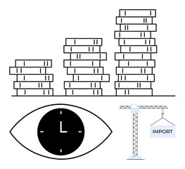 Poster - stacked bars rising in height symbolize growth, eye-shaped clock merges time awareness, crane lifts 