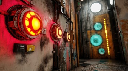 Fototapete - Steampunk-cyberpunk fusion city with neon lights and mechanical gears