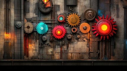 Fototapete - Steampunk-cyberpunk fusion city with neon lights and mechanical gears