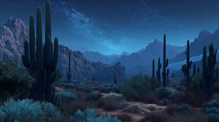 Poster - A surreal desert scene with giant cacti under a starry night sky