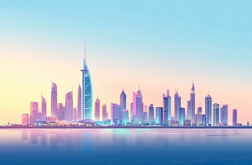 cityscape illustration of dubai skyline at sunset reflecting in water