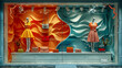 © MargoArt - Colorful shop window with mannequins dressed in elegant dresses and holding various handbags on a bright wavy background in orange and turquoise tones
