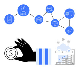 Poster - supply chain network icons connected with logistics, manufacturing and delivery, hand holding coin, 