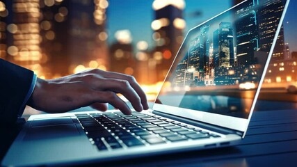 Poster - Digital Connectivity at Dusk: A close-up captures a person's hands typing on a laptop keyboard, the screen displaying a cityscape at dusk, representing digital connections and modern work.