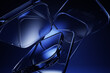 © marozhkastudio - 3d glass transparent block plates on dark blue background. Crystal geometric square shapes with flare and prism light refraction. Abstract black cube bg, render digital tech banner. 3D illustration