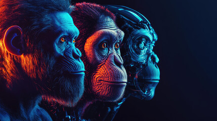 Poster - Futuristic digital photo of primate evolution into cybernetic organisms,showcasing transition from nature to advanced artificial intelligence,symbolizing technological progress,hybrid identity