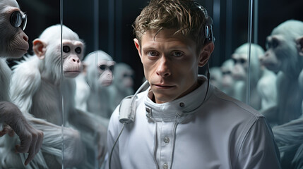 Poster - Futuristic digital photo of primate evolution into cybernetic organisms,showcasing transition from nature to advanced artificial intelligence,symbolizing technological progress,hybrid identity