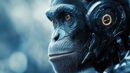 Poster - Futuristic digital photo of primate evolution into cybernetic organisms,showcasing transition from nature to advanced artificial intelligence,symbolizing technological progress,hybrid identity