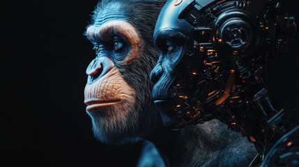 Poster - Futuristic digital photo of primate evolution into cybernetic organisms,showcasing transition from nature to advanced artificial intelligence,symbolizing technological progress,hybrid identity