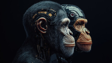 Poster - Futuristic digital photo of primate evolution into cybernetic organisms,showcasing transition from nature to advanced artificial intelligence,symbolizing technological progress,hybrid identity