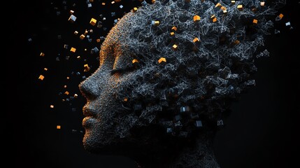 Aufkleber - AI generative design of a human head filled with dynamic neural networks and floating cubes, symbolizing the psychology of human behavior and mental health