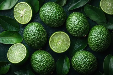 Aufkleber - Fresh avocados and limes arranged artistically with green leaves on a dark background