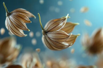 Poster - Delicate brown seed pods gracefully drifting in soft blue light during a serene moment in nature