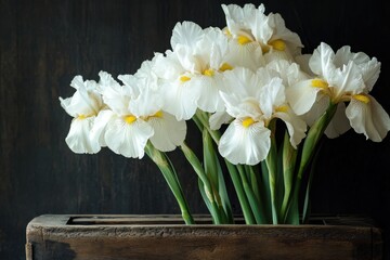 Poster - Elegant white irises in a rustic wooden planter against a dark background