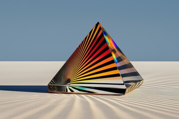 Poster - Abstract Glass Pyramid with Vibrant Stripes on Sandy Surface