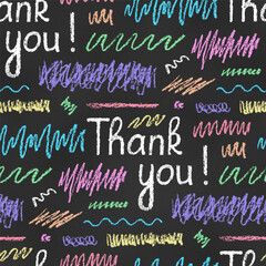 Wall Mural - Seamless Vintage Pattern of Chalk Drawn Sketches Scribbles and Thank you on Chalkboard Backdrop. Colorful Sketch Print.