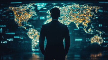 Poster - A silhouette of a man in a suit gazes at a glowing digital world map, symbolizing global connectivity and technology's impact on society.