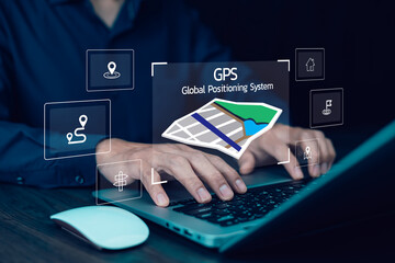 Aufkleber - man using laptop with virtual world and model map with location point , gps app, icon travel maps an