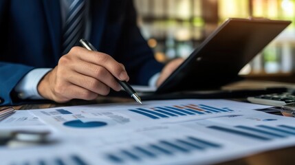 Poster - Businessman Analyzing Financial Data, Charts, Graphs, Reports, and Using Laptop