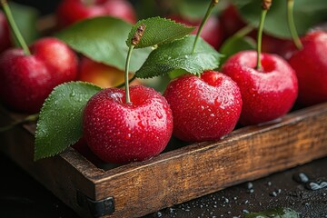 Aufkleber - Vibrant red cherries on wooden tray with fresh leaves, captured in a cozy kitchen setting during daylight