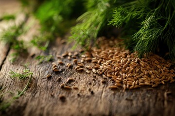 Poster - Fresh herbs and spices displayed on rustic wooden surface highlighting dill and cumin seeds with vibrant green foliage