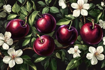 Poster - Vibrant arrangement of red plums and white blossoms on a dark background showcasing nature's beauty in a close-up view