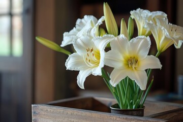 Poster - White lilies in a rustic wooden vase brighten up a cozy space during a late afternoon gathering