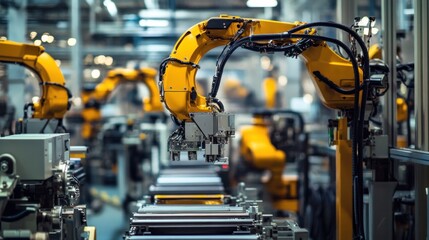 Poster - Industrial Automation, Yellow Robotic Arms in a Modern Factory
