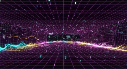 Poster - Neon Grid Tunnel Digital Abstract Art:  A Journey Through Cyberspace