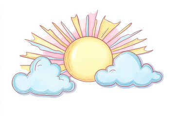 Wall Mural - bright sun with colorful rays and fluffy clouds