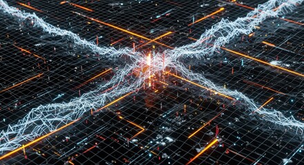 Poster - Abstract Digital Network Data Flow Visualization: Interconnected Lines and Nodes on a Grid