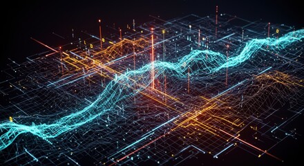 Poster - Abstract Digital Landscape: Network Data Visualization with Glowing Lines and Nodes