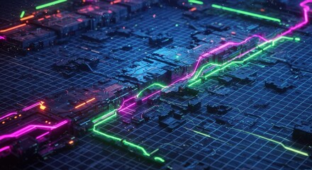 Poster - Abstract Futuristic Cyberpunk Circuit Board Neon Lights Digital Art