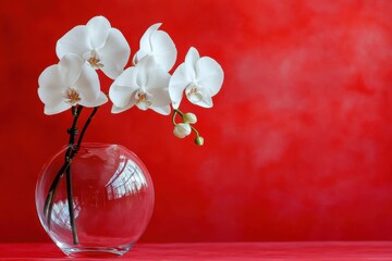 Poster - Elegant white orchids in a glass vase against a vibrant red background create a striking decorative display