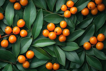 Poster - Bright orange loquats nestled among vibrant green leaves create a stunning natural pattern in this close-up display of fruit