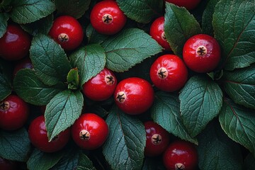 Poster - Vibrant red berries nestled among green leaves in a natural setting revealing seasonal beauty and richness