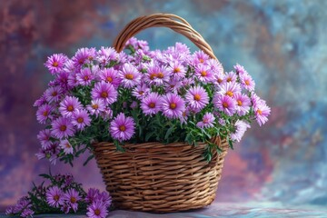 Poster - Colorful basket filled with blooming purple flowers against a soft, artistic background