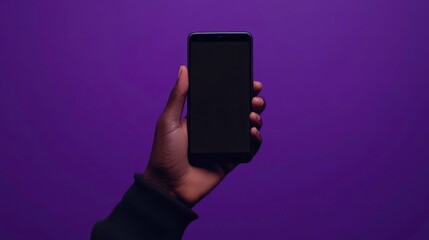 Poster - Close up of hand holding modern smartphone with blank screen. Phone held in hand. Isolated on purple background. Image suitable for tech design, app mockup, digital communication concept. Hand holds