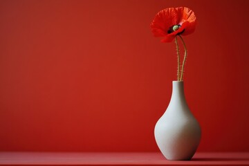 Poster - Elegant red poppy flower in a minimalist vase against a vibrant red background creating a striking visual contrast