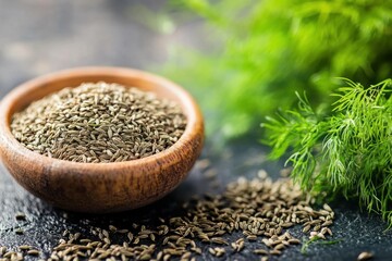 Poster - Cumin seeds and fresh dill are displayed in a rustic wooden bowl for culinary preparation in a vibrant kitchen setting