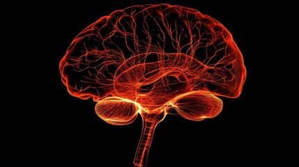 Poster - Human brain scan illustration shows glowing energy points within brain structure. Energy flows through blood vessels highlighted. Detailed anatomy presented as glowing design, emphasizing energy flow