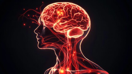 Poster - Human brain scan illustration shows glowing energy points within brain structure. Energy flows through blood vessels highlighted. Detailed anatomy presented as glowing design, emphasizing energy flow