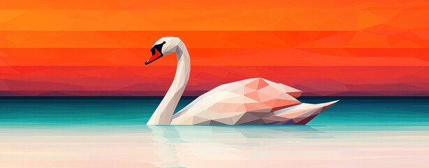 Poster - A majestic white swan gracefully glides on tranquil turquoise water at sunset, its geometric form a vibrant contrast to the fiery