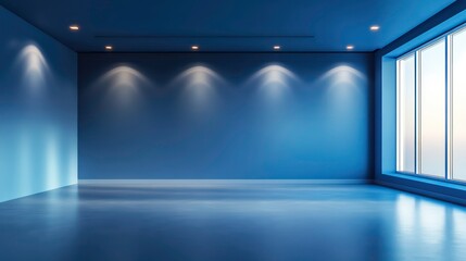 Poster - Empty blue room with gradient blue walls, floor. Spotlight highlights central area. Ideal for products business presentations. Modern, minimalist interior design. Suitable for websites promotional
