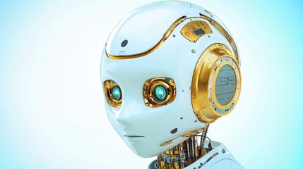 Leinwandbilder - A cute childlike robot head with glowing eyes and gold accents is shown in detail against a light blue background.