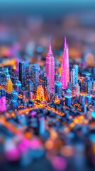 Poster - A vibrant digital cityscape at night showcases illuminated skyscrapers and buildings with a neon glow.